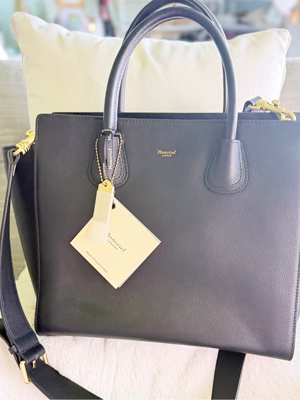 Moncrief Black Leather Satchel with Gold Accents